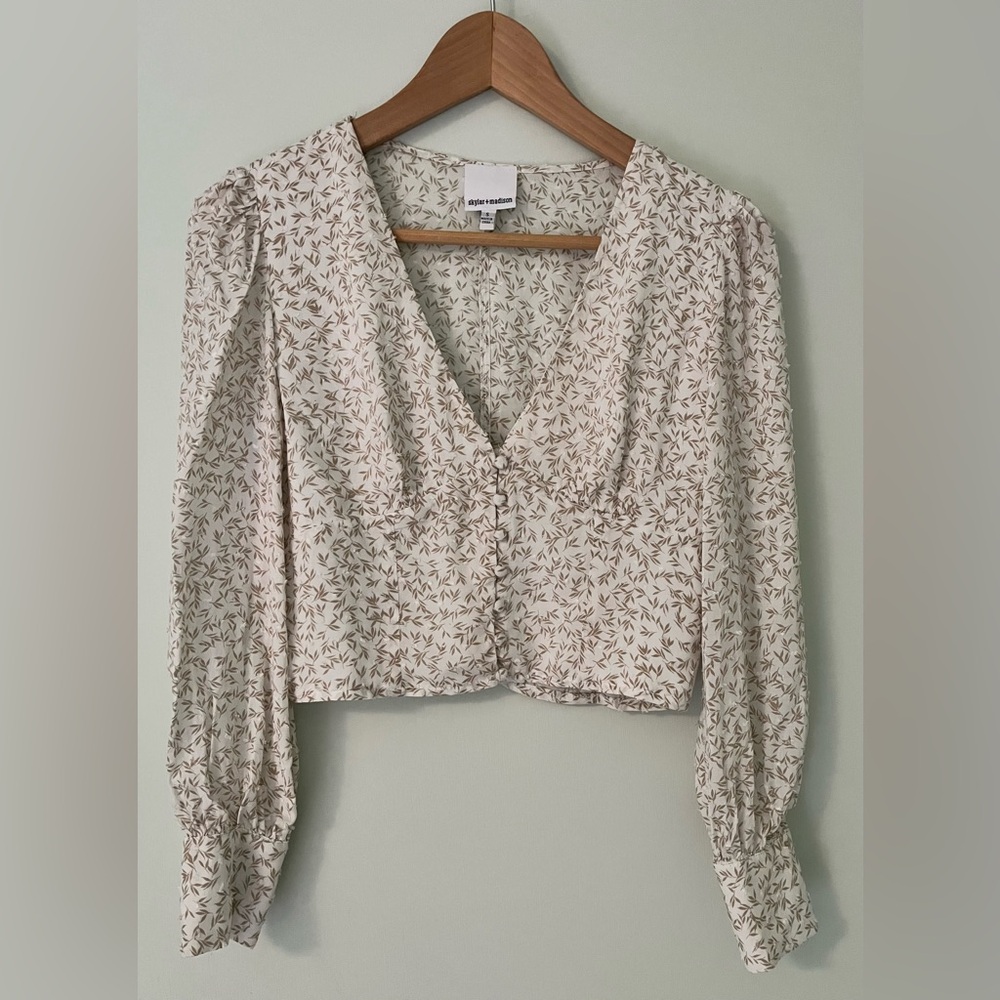 Skylar + Madison 💯 Rayon Cream Cropped Long Sleeve Floral Button-Up Blouse